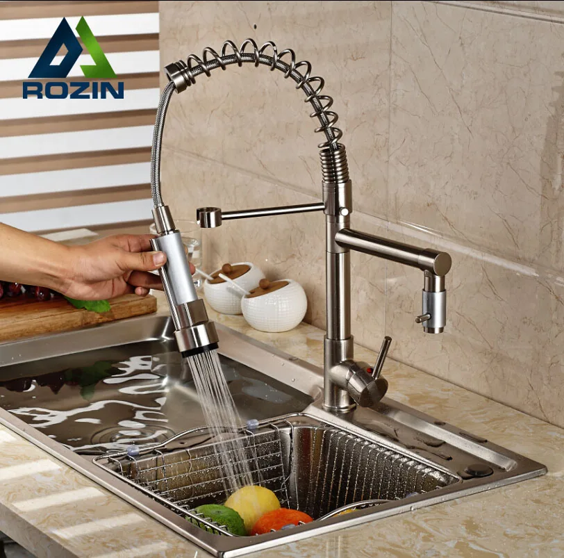 Brushed Nickel Single Lever Pull Down Kitchen Faucet Swivel Spout Spring Mixer Tap Deck Mount hot sale brushed nickel kitchen faucet spring style swivel spout single handle vessel mixer tap