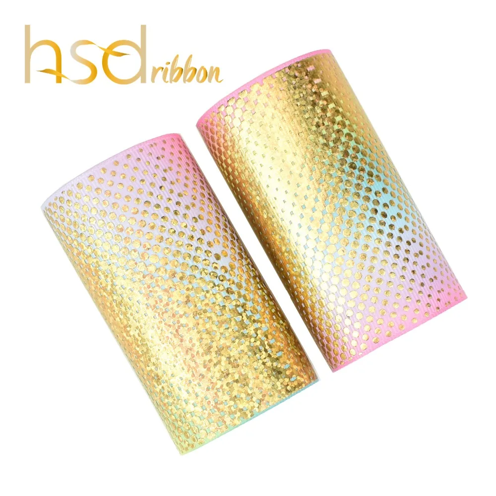 

HSDRibbon 75MM 3 inch custom printed fashion holographic gold Foil Printed on HT Grosgrain Ribbon