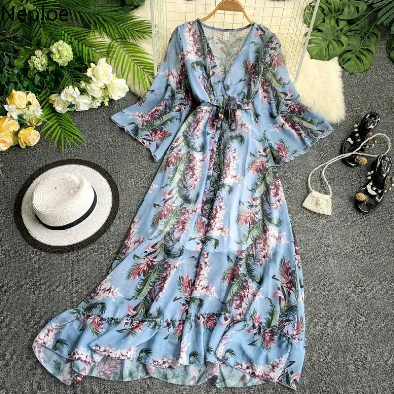 

Neploe Flower Print Ruffles Summer Women Dress 2019 Sweet V-Neck Flare Sleeve Vestido Beach Style High Waist Robe 43372
