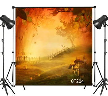 

LB Polyester & Vinyl Fall Meadow With Mushrooms Autumn Fence Leaves And Bird House Photography Photo Background Studio Backdrop