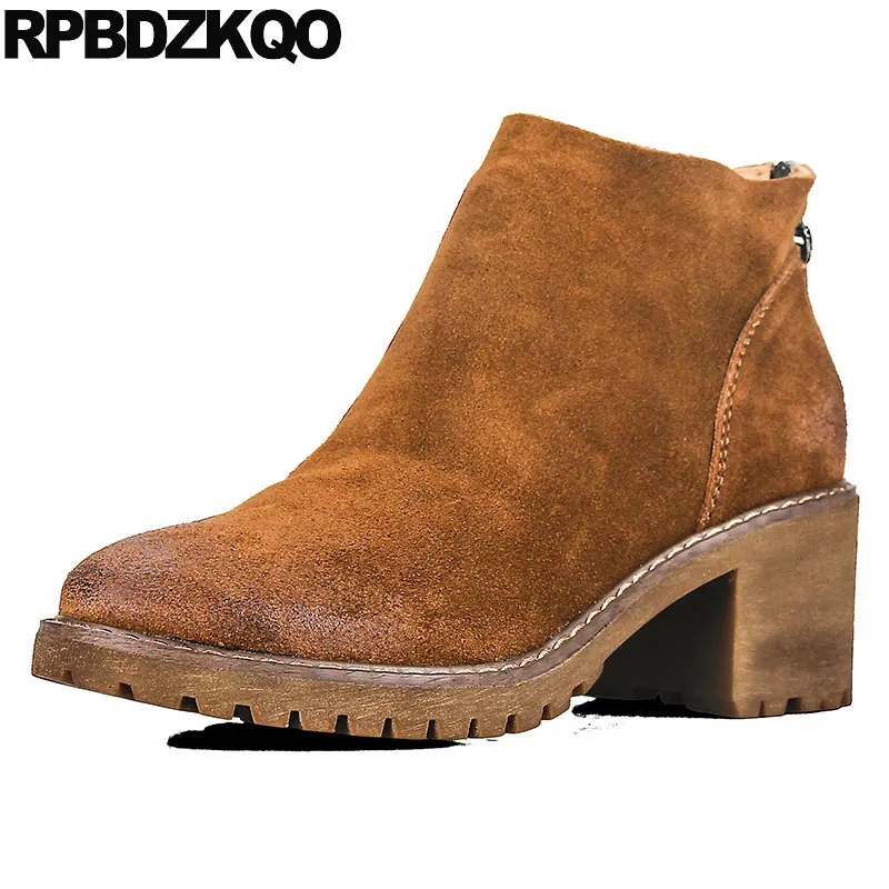 

Chunky Women Ankle Boots Medium Heel Platform Comfortable Fall Round Toe Suede Brown Vintage Shoes Autumn Genuine Leather
