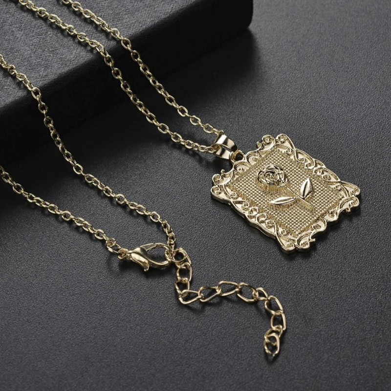 1Pc Square Rose Flower Pendant Necklace Gold Color Choker Collar Chains Necklaces For Women
