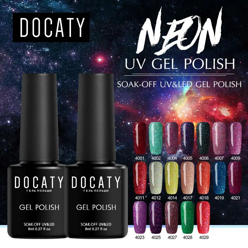 

Docaty Nail Art Gel 8ML Neon Bling Glitter Semi Permanent Gel Polish Soak Off Gel Nail Polish Varnish Lacquer Gellac GelPolish