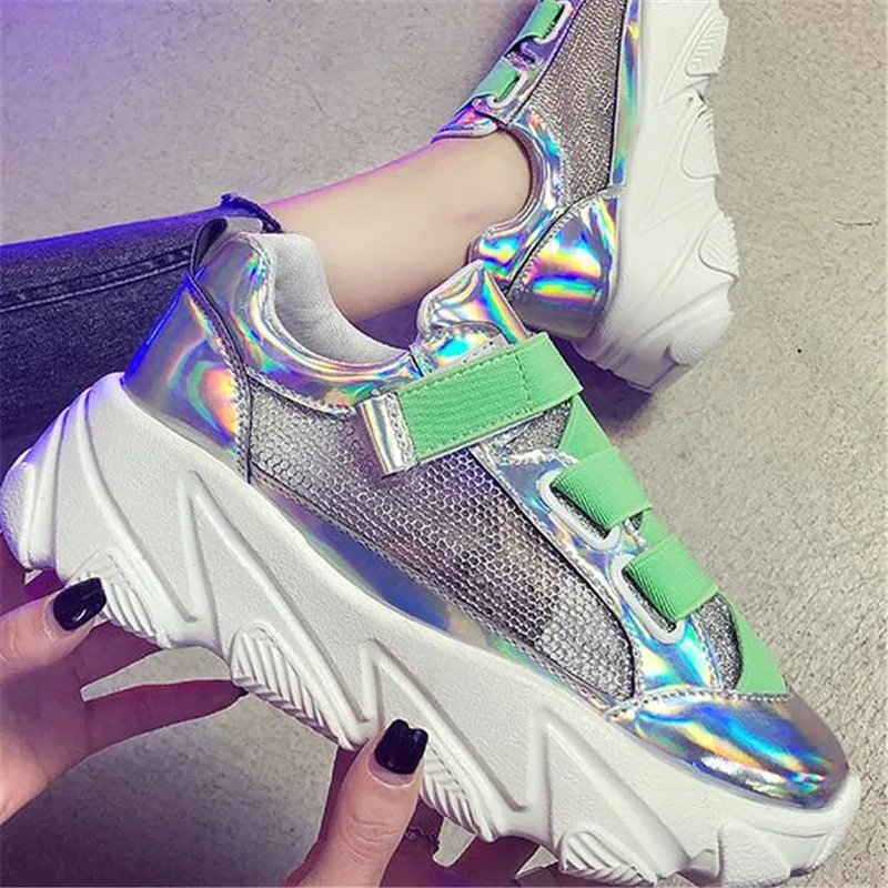 

MVP BOY Patent leather dazzle color net face candy color Lace-up thick bottom daddy shoes sneaker women's shoes Basket Femme