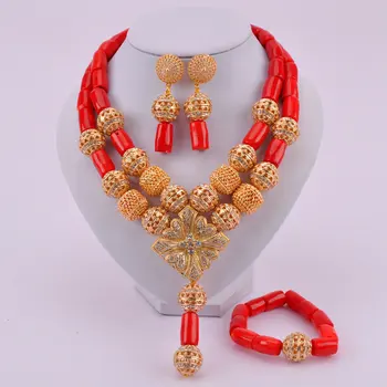 

Fashion Red Nigerian Wedding Coral Beads Jewelry Set African Costume Jewelry Necklace Sets CJS05