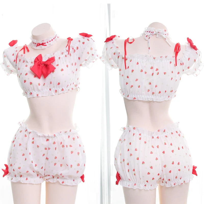 

Kawaii Sexy Women 3PCS Lingerie Set Lolita Girls Strawberry Bowknot Ruffle Camisoles Set Anime Cosplay Underwear Intimates Set