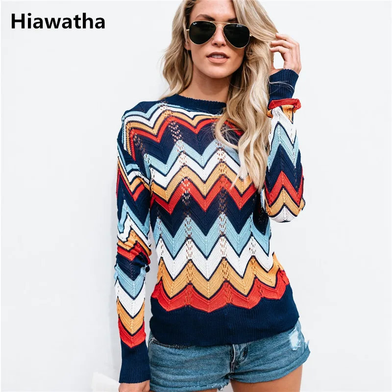

Hiawatha Women Spring Hollow Out Pullover Fashion O-Neck Striped Knitted Sweater Female Plus Size Sweaters E1921