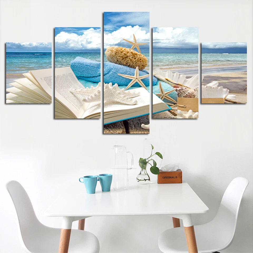 

HD Printed Wall Art Modular Poster 5 Panel Sea Beach Blue Cloudy Seascape Frame Pictures Home Decor Living Room Canvas Painting