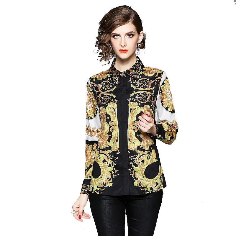 vintage print blouse women shirt long sleeve elegant women