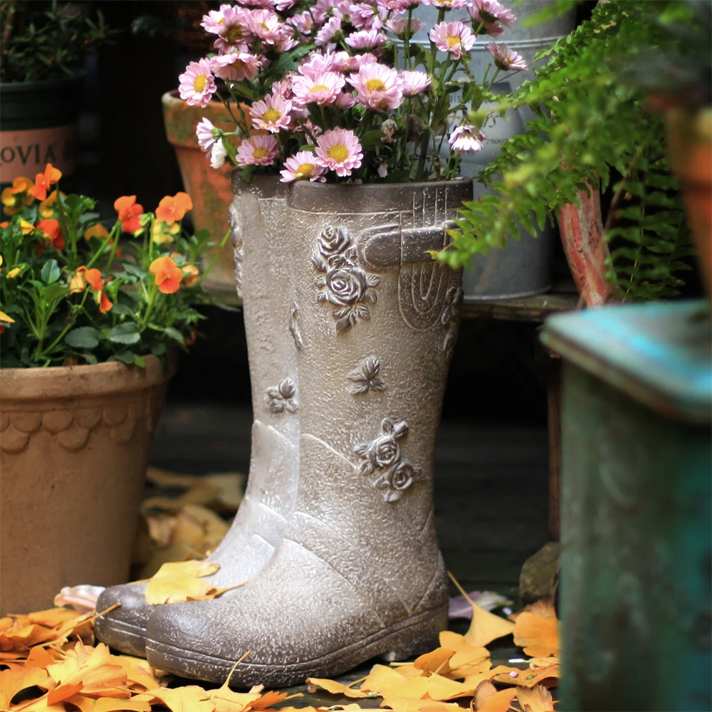 

38cm High Creative Boots Retro Art Vase Cement Head Flower Pot Water Shoes Statue Vase Crafts Decoration Ins Figurines