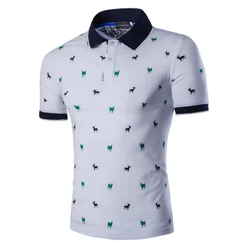 

2019 Summer new white Printed Stand Collar Polo Shirt Men Short Sleeve Casual Deer Embroidery Cotton Polo shirt Mens Top YT31140