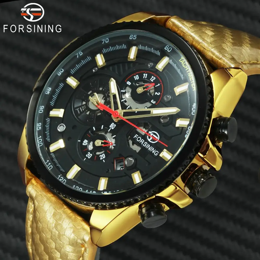 

FORSINING Golden Mens Watches Top Brand Luxury Auto Mechanical Watch Men 3 Subdial 6 Hands Calendar Fashion Leather Wristwatch