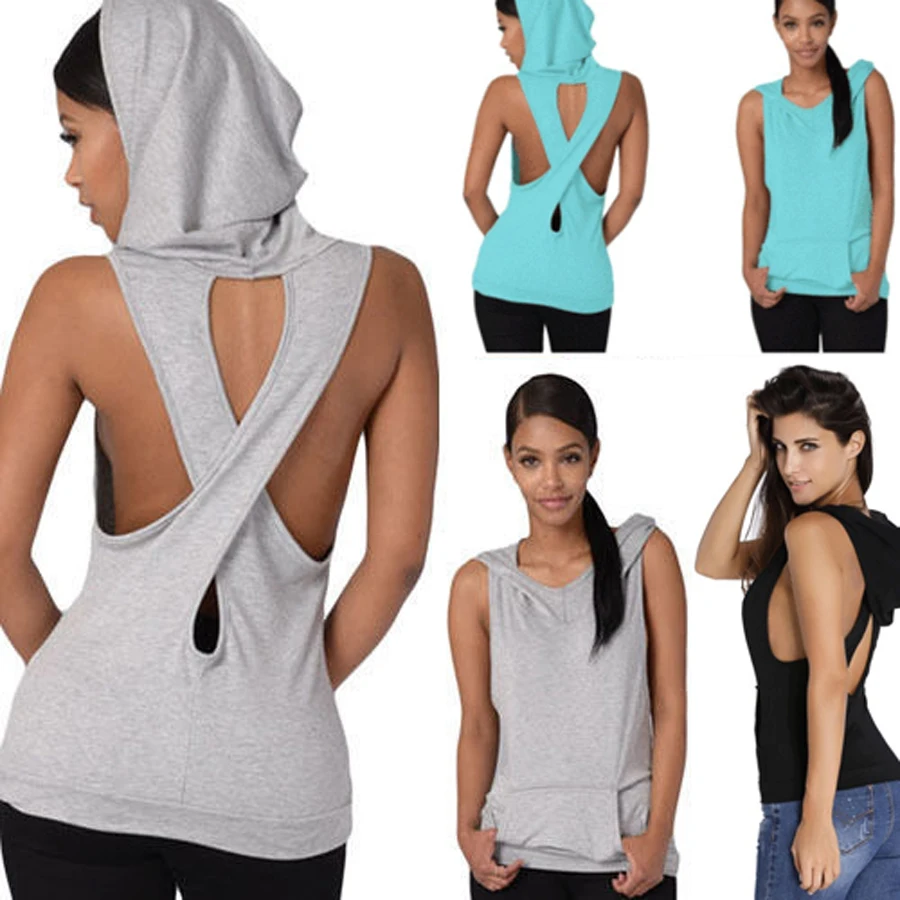 Free shipping  Women's Hooded Pocket Open Back Cross fleece Tank Top 2019 new fashion lady Sleeveless sweatshirt s