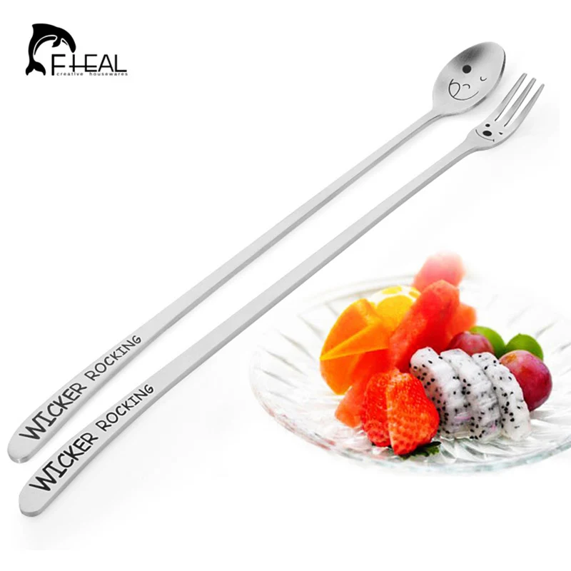 

FHEAL 2pcs New Heavy Long Handle Stainless Steel Cake Dessert Smile Fruit Forks Spoon tableware Smile Face Spoons Forks Flatware