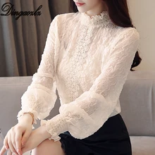 Dingaozlz New style Women lace Tops embossing spliced ear Chiffon shirt High necked Lantern sleeve Casual Ruffles lace blouse