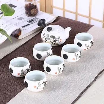 

6Pcs Cute Handprint Lotus Tea Set Creative Kung Ku Teapot Cup Set Chinese Style Thick Pottery Teaware As Gifts