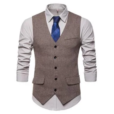 

Men's Herringbone Single-Row Button Waistcoat Slim Warm V-Neck Smart Casual Tank Tops Pocket Single-Breasted Business Clothing