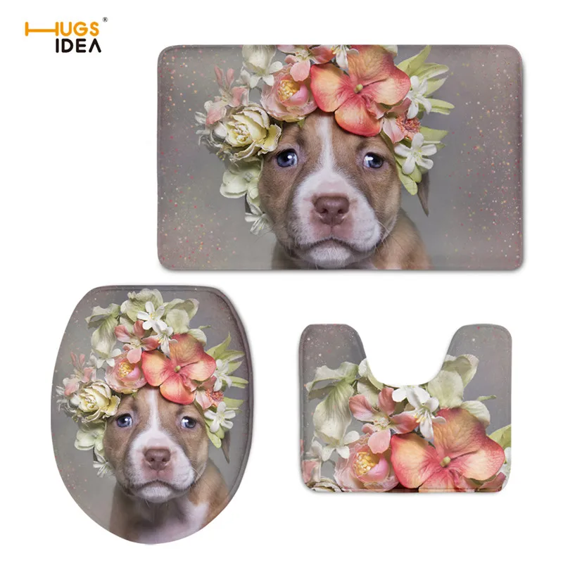 

HUGSIDEA Animal Pit Bull Floral Toilet Seat Covers Warmable Cushion Pads Lid Bathroom Closestool Mat 3PCS Toilet Accessories Set
