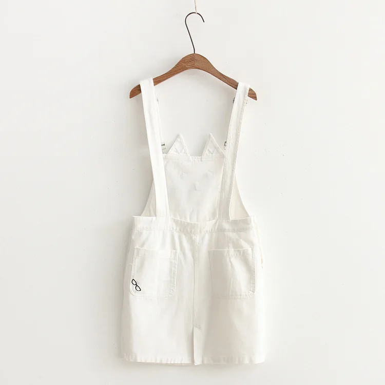 Women Cute Cat Embroidery Jeans Dress Spaghetti Strap Suspender Dress Overalls Black White Casual Dress Vestidos