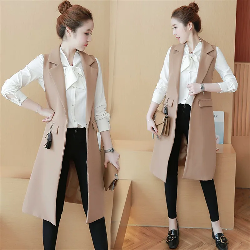2018 Spring Autum New Fashion Long Pockets Turn-down Collar Single Button Sleeveless Blazer West Jackets Office Lady WaistCoat