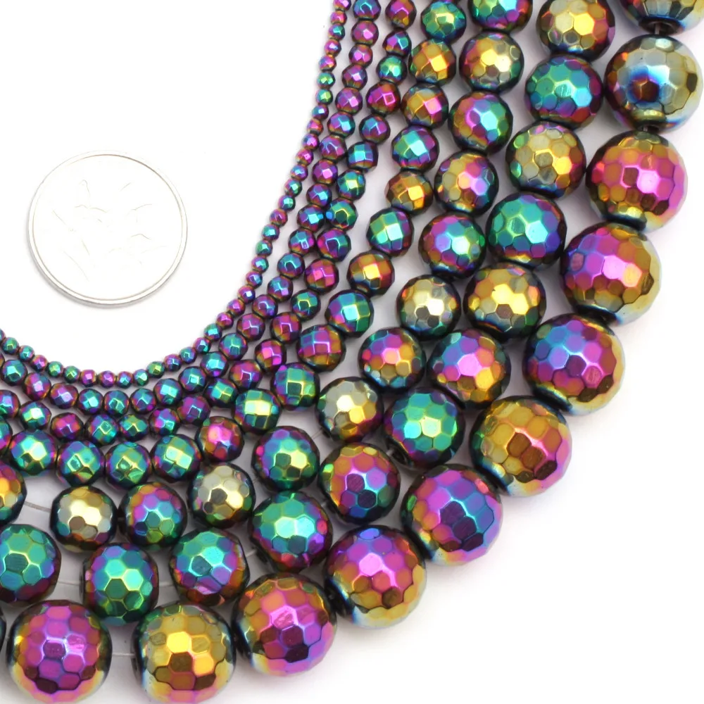 

Round Faceted Colorful Metallic Coated Reflections Hematite Strand 15" Natural Hematite Stone DIY Beads For Bracelet Making