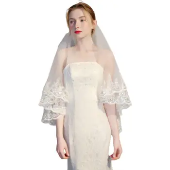 

Womens Double Layer Fingertip Length Wedding Veil Glitter Sequins Floral Lace Scalloped Trim 2 Tier Photo Bridal Veil With Comb