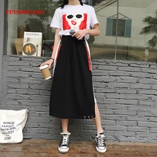 Летняя Корейская юбка с принтом Ulzzang, юбка с принтом в виде букв, для женщин, японский стиль Харадзюку, высокая талия, трапециевидная, черная, белая, длинные юбки, юбка на пуговицах из ленты