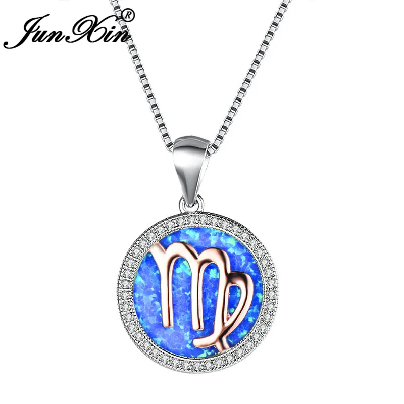 

JUNXIN 925 Sterling Silver Virgo Pendant Necklaces For Women Round White Blue Fire Opal Necklace Female CZ Valentine Day Jewelry