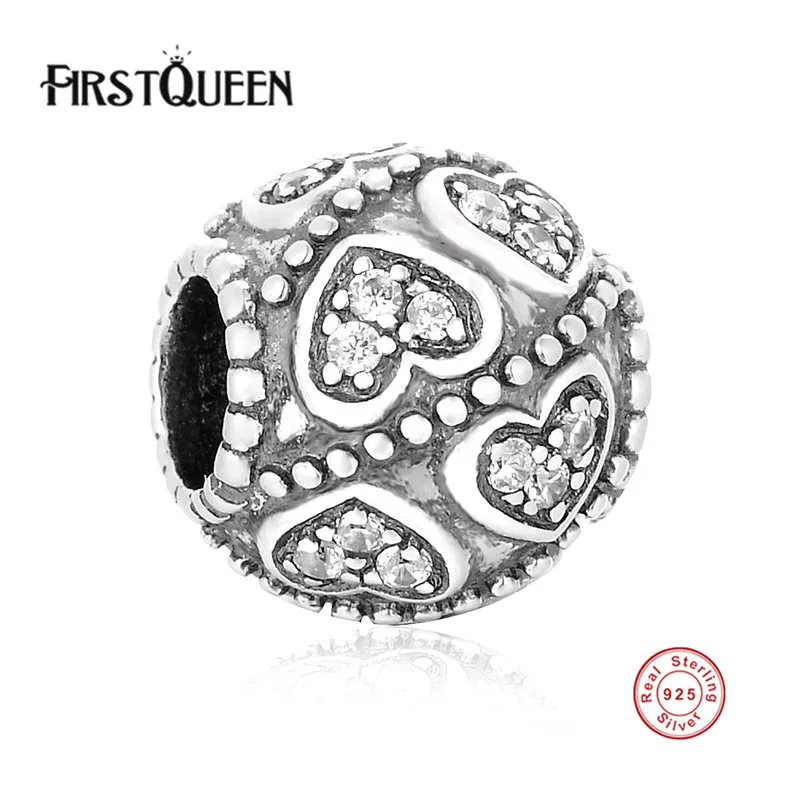 

FirstQueen Heart Charms Beads with Crystal 925 Sterling Silver Heart Beads For Jewelry Making Diy Women Bracelet Fine Jewelry