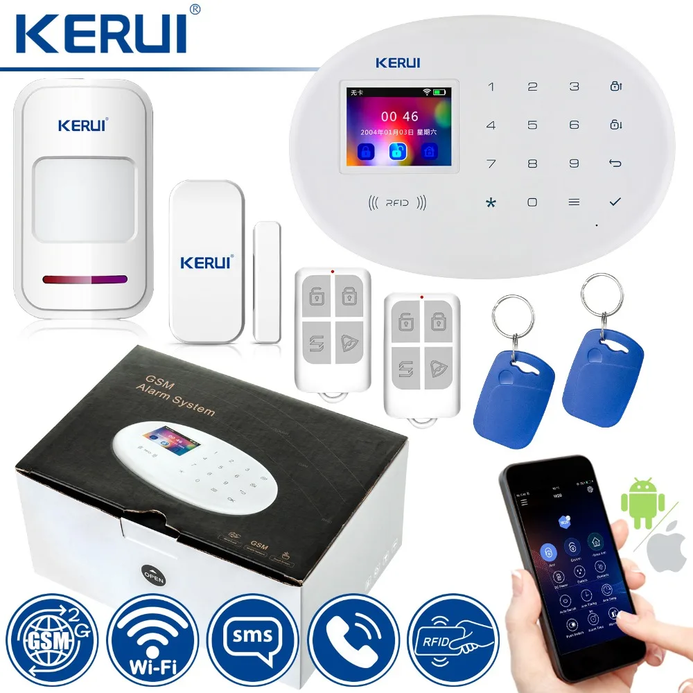 KERUI WIFI GSM Home Security Alarm System With 2.4 inch TFT Touch Panel APP Control RFID Card Wireless Smart Home Burglar Alarm