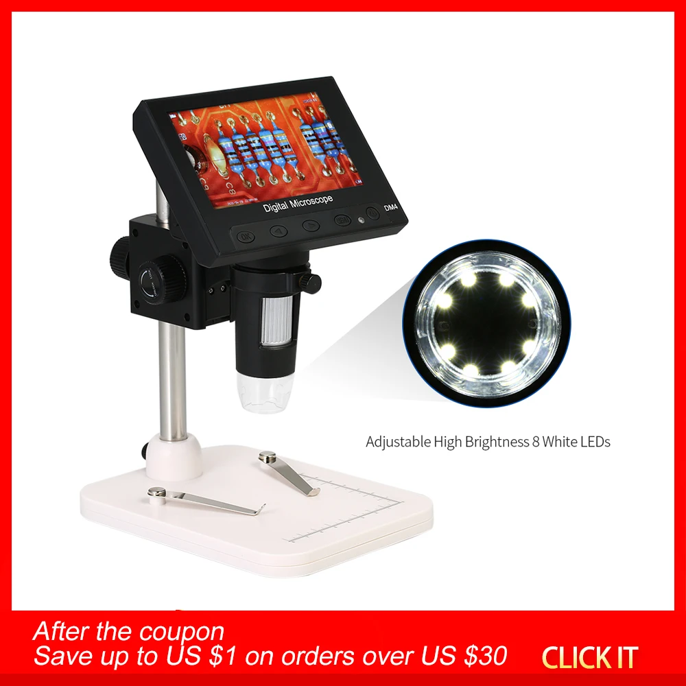 

1000X 4.3" LCD Display Portable Microscope 720P LED Digital Magnifier with Light Holder for Circuit Board Repair Soldering Tool