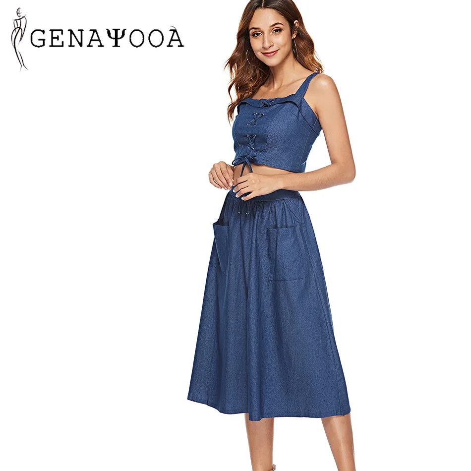 

Summer Two Piece Set Top and Skirt Demin Crop Top Lace Up Sleeveless 2 Piece Set Women Set Skirt 2 Piece Outfits for Women 2019