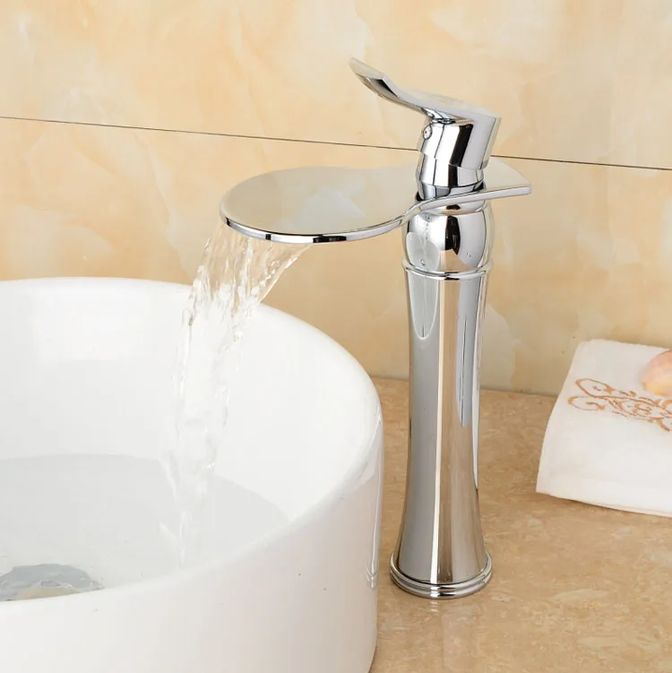 Chrome Brass Deck Mounted Bathroom Basin Sink Waterfall Faucet Mixer Taps Vanity Faucet Single Lever