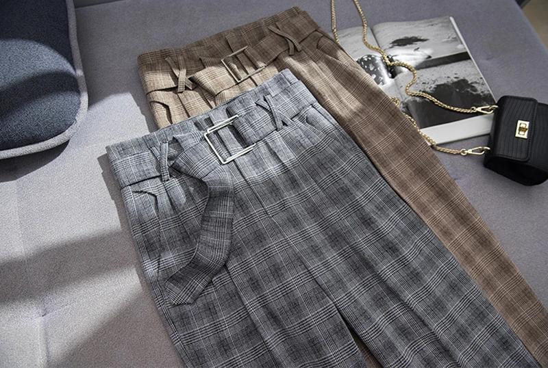 Винтажные клетчатые брюки с высокой талией для женщин, узкие брюки с поясом и карманами, Женские рабочие брюки, женские повседневные штаны