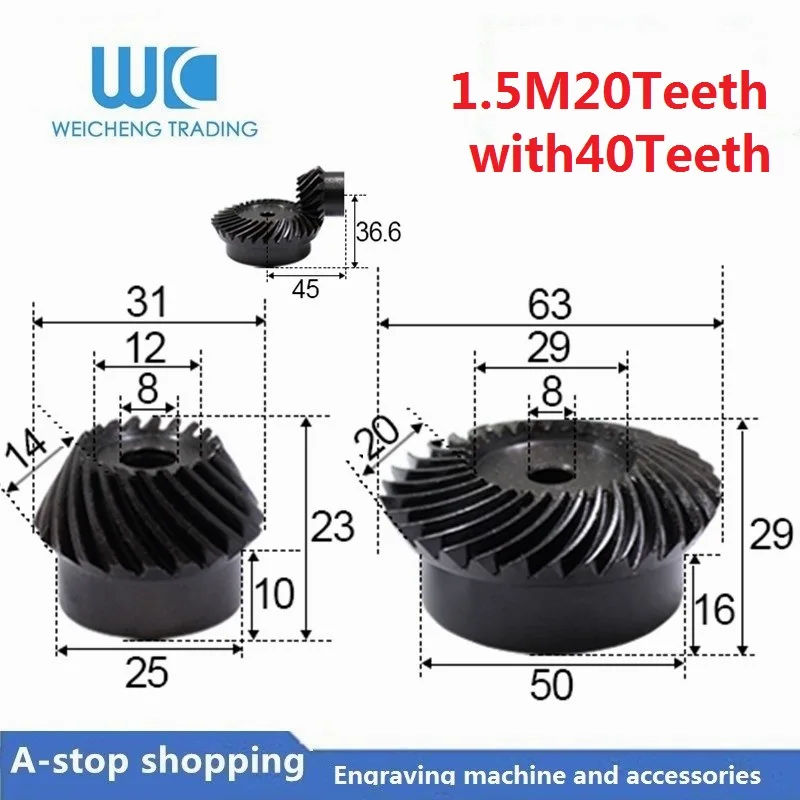 

2pcs 1:2 Bevel Gear 1.5 Modulus 20 Teeth + 40 teeth Inner Hole 8mm 90 Degree Drive Commutation Steel Gears