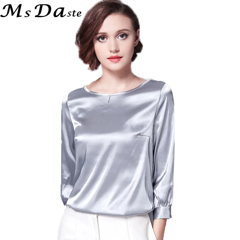 Goede 2018 Lente Vrouwen Blouses Zijde Imitatie Dame Shirt Top Drie kwart O Nek Vrouwelijke Blusas Feminina Kaki Zilver Groen zwart Rood