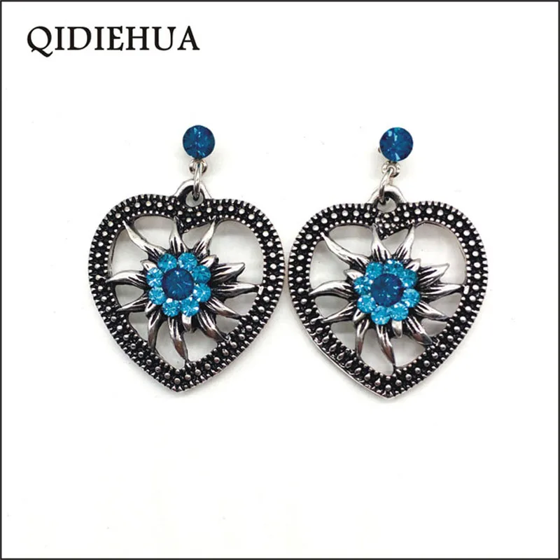 

QIDIEHUA New Vintage Jewelry Earrings Tibetan Silver Love Heart Crystal Flower Drop Earrings for Women Gifts Fashion Jewelry