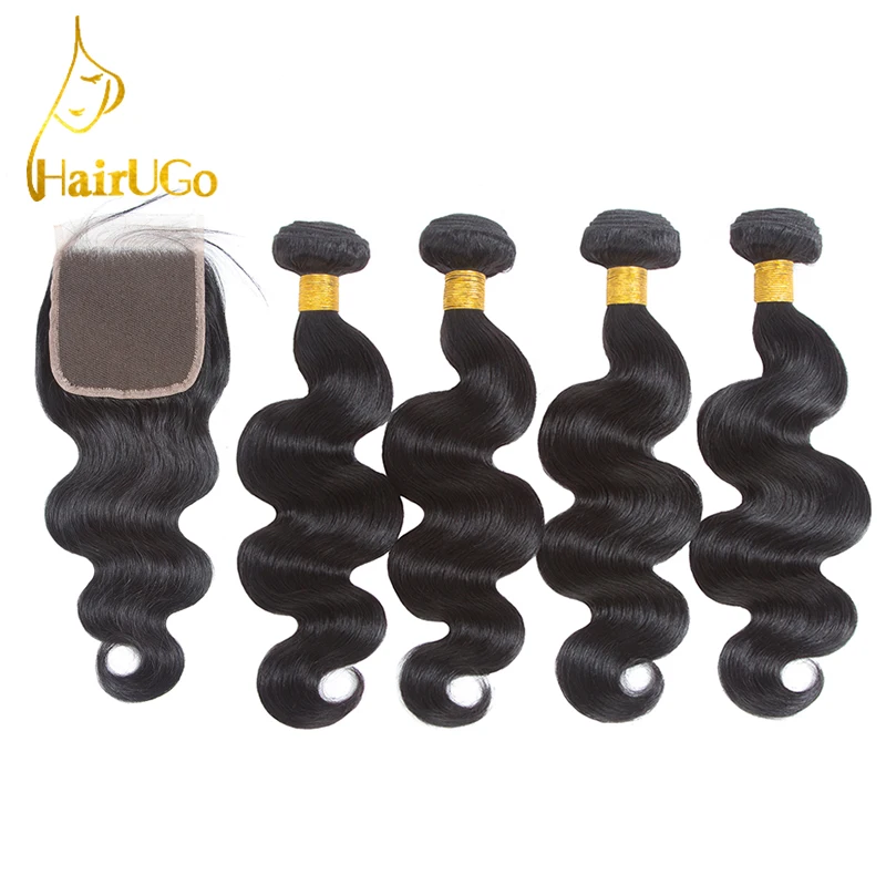 HairUGo Pre-colored Brazilian Hair 4 Body Wave Bundles 100% Human Hair Bundles With Closure #1b Nature Black Free Shipping Wig body-wave : image HairUGo Pre-colored Brazilian Hair 4 Body Wave Bundles 100% Human Hair Bundles With Closure #1b Nature Black Free Shipping Wig body-wave