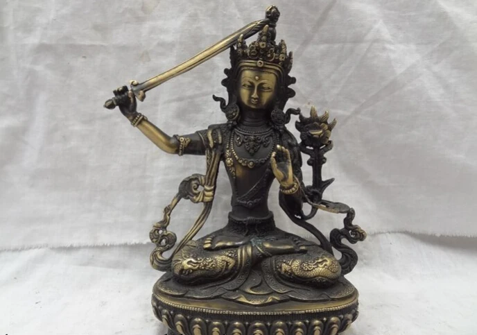 

S4020 9" Tibet Bronze Buddhism Joss Dragon Head Lotus Manjushri Buddha Statue Set D0317