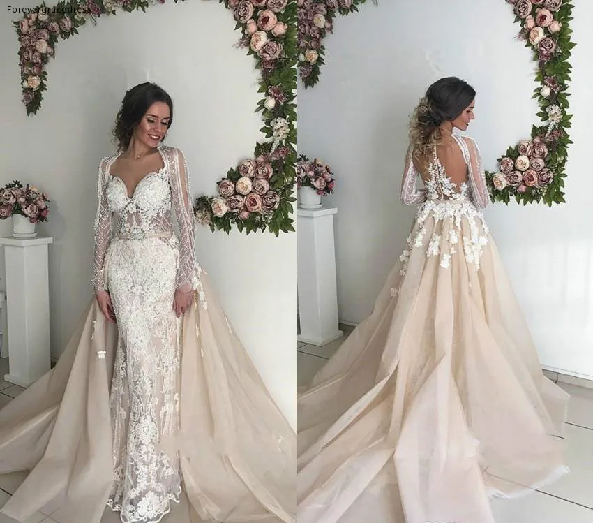 

Cheap Long Sleeve Mermaid Wedding Dress Lace Appliques with Overskirt Garden Country Church Bride Bridal Gown Plus Size