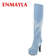 ENMAYLA/женские высокие сапоги на платформе и высоком каблуке Модные женские зимние сапоги до колена из джинсовой ткани женские синие сапоги до бедра