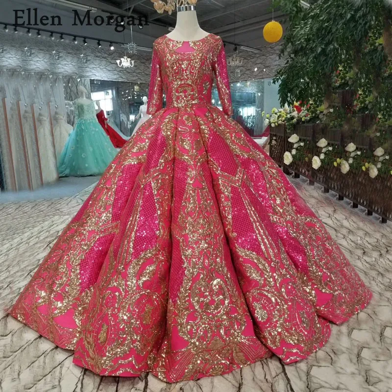 

Muslim Glitter Ball Gowns Wedding Dresses with Sleeves Floor Length Corset Custom Made Real Photos Princess Bridal Gowns 2019