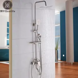 Матовый Никель душа набор для Ванная комната с стеллаж для хранения + Handheld Showerhead + Поворотный ванна носик + Биде опрыскиватель голова