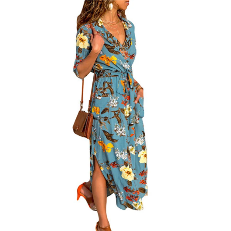 

Summer Women Long Dress Floral Print Chiffon Beach Dress Elegant Party Dress Long Sleeve Office Shirt Dress Vestidos S7083
