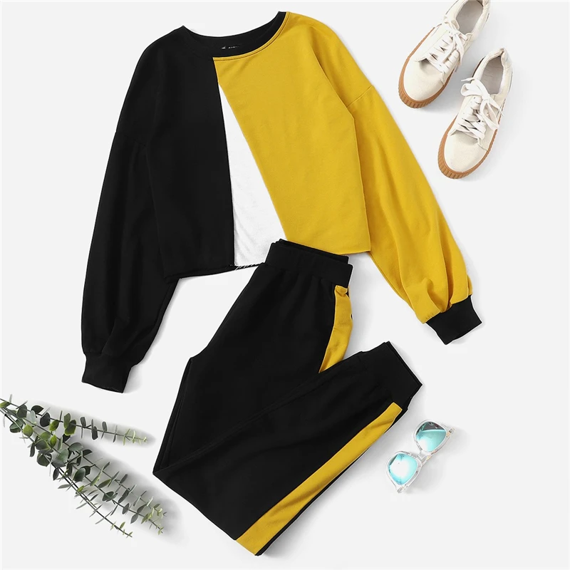 SHEIN многоцветный цветной пуловер и контрастные спортивные штаны с круглым вырезом комплект для женщин осенняя элегантная рабочая одежда Twopiece