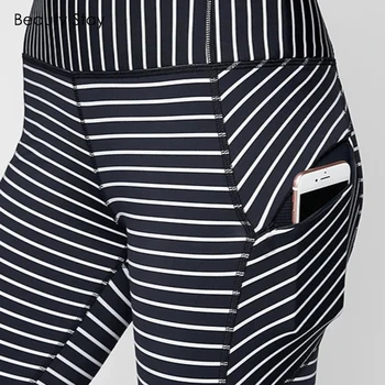 

Beauty Stay Women Leggings Stripe Printed Mobile Phone Pocket Stretch Plus Size Fashions Fitness High Elasticity Casual Pants