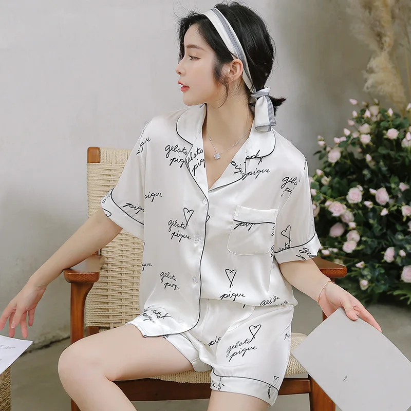 

Satin pajama set Female Silk Short Sleeve Set Fashion Alphabet Printed Thin Silk Housewear Loose Comfortable Home Two-piece Set