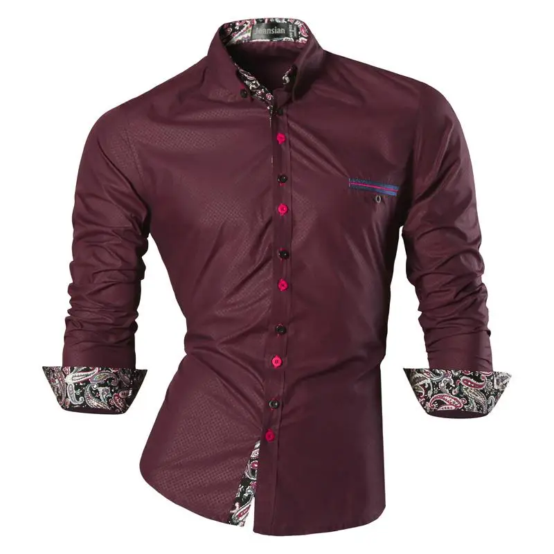 

Jeansian Men's Fashion Dress Casual Shirts Button Down Long Sleeve Slim Fit Designer Z027 WineRed