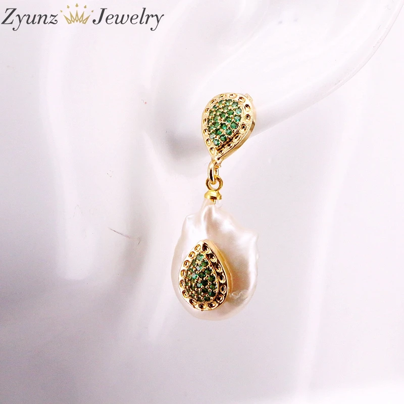 5Pairs, Fashion Earrings CZ Micro Pave Nature Pearl Gold Color Drop Dangle Earring