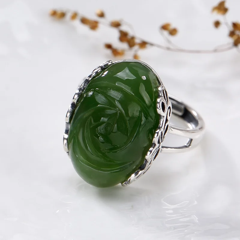 

Hot silver S925 pure silver retro natural Hetian jade Jasper mosaic lady high-end open ring ring wholesale
